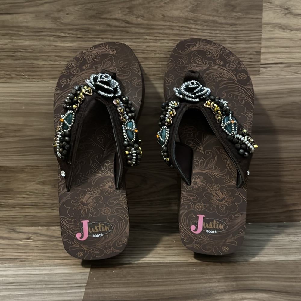 Justin Boots Jade Brown Rhinestones Beaded Platform Wedge Sandals Dustbag 7 - Picture 4 of 12